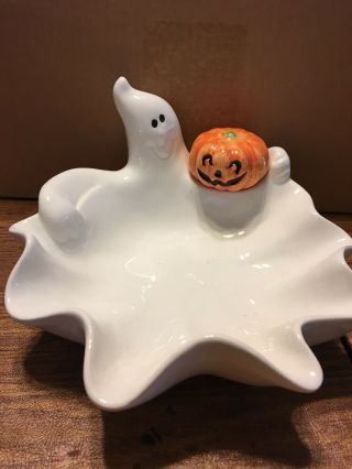 Fitz And Floyd Ghost With Pumpkin Candy Dish