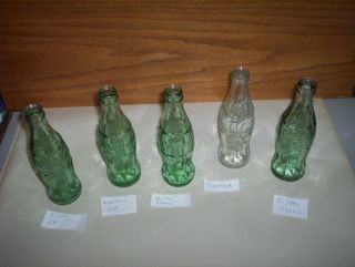 5 Coke Cola - Cola 6oz Soda Pop Bottles Clear Canada & Green USA Assorted Cities 3
