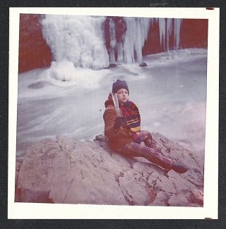 Vintage Photograph Adorable Little Boy Sitting On Rock By Icicles / Ice
