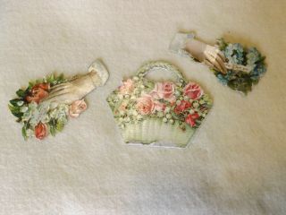 3 Antique Victorian Paper Ephemera Scraps Basket Roses,  Ladies Hands W/ Flowers