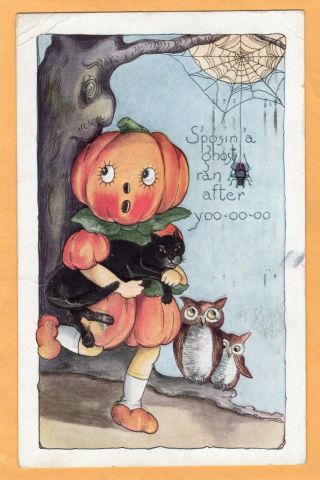Vintage Halloween Postcard,  Embossed,  Pumpkin Head Person Holding Black Cat