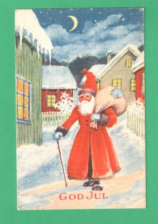 1950 Norwegian Christmas Postcard Santa Claus Sack Cane Snow Village Moon Stars