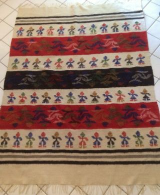 Vintage Hand Woven Guatemalan Wool Blanket / Rug Multicolor 60 " X 78