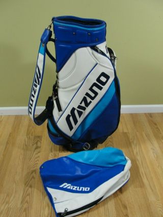 Vintage Mizuno Golf Cart Carry Pro Staff Bag W/ Matching Rain Hood Blue White