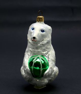 Christopher Radko 1995 Glass Ornament Polar Bear With Green Ball 93 - 284 / 5 Inch
