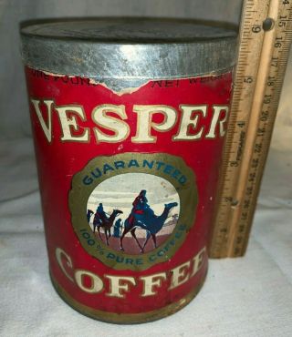 Antique Vesper Coffee 1lb Tall Tin Camel Desert Baltimore Md Grocery Store Can