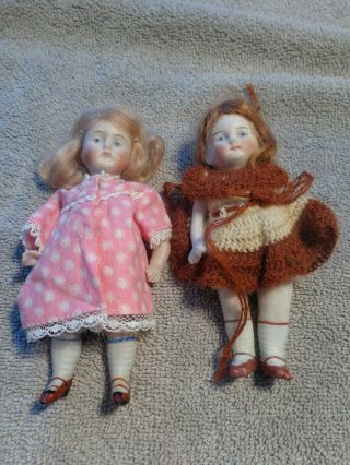 2 Vintage German Bisque Dolls Jointed Arms & Legs Approx 5 " Tall Estate Find