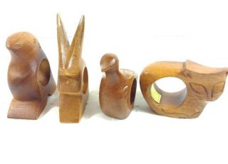 Vintage Mid Century Modern Hand Carved Teak Wood Wooden Napkin Rings Wild Animal