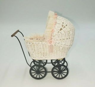 Vtg Artisan Dollhouse White Wicker Baby Carriage Pram Signed Mccurley 4.  5 " X 4 "