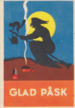 Old Vintage Postcard Easter Witch Silhouette Against The Moon Small Card Sweden