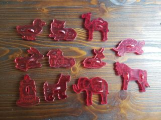 11 Piece Vintage Red Cookie Cutter Set Hrm Dog Cat Elephant Camel Elephant Duck