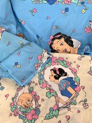 Vintage 90s Disney Snow White & 7 Dwarfs Full Sheet Set W/ 2 Pillowcase Bedding