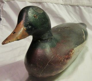 Vintage Carved Wood Male Malard Duck Decoy,  16 " Long,  - Worn