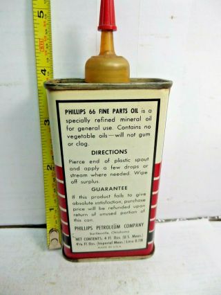 1940 - 60 ' s - 4oz VINTAGE PHILLIPS 66 FINE PARTS OIL TIN CAN HANDY OILER PLASTIC TOP 3