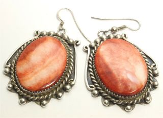 Vintage Navajo Sterling Silver Large Orange Spiny Oyster Shell Hook Earrings 30g