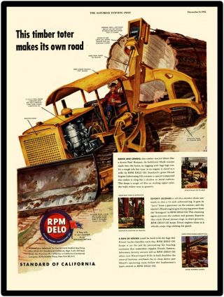 1945 Metal Sign: Rpm Delo Chevron W/ Caterpillar Tractor Timber Toter