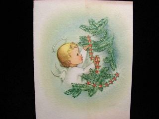 Vintage " Angel Hanging The Wreath " Christmas Greeting Card