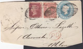 1860s Qv 2d Blue Postal Stationery Piece With A 1d & 4d Red Stamps Sent To Milan