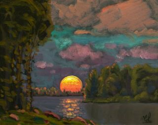 Max Cole Art Oil Painting Landscape Signed Vintage Antique Style Old Big Moon 83