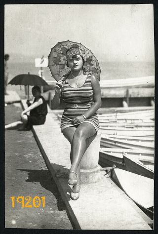 Sexy Chubby Girl W Parasol,  Legs,  Swimsuit,  Seaside,  Vintage Photograph,  1920’s