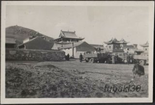F18 China Inner Mongolian Japan Army Convoy 1930s Photo Trucks In Lama Temple