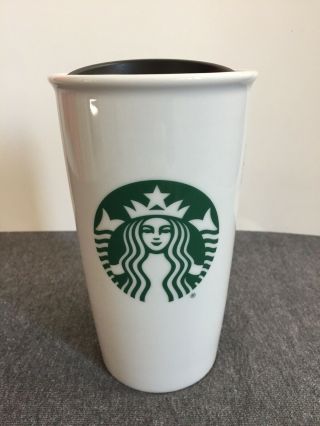 Starbucks 12oz White Ceramic Travel Tumbler Mug & Lid To Go Cup Mermaid Logo