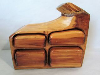 Vintage Hand Carved Log Cedar Wood Jewelry Trinket Box Hidden Drawers