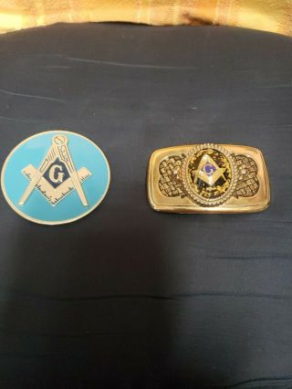 Vintage Masonic Freemason Belt Buckle And Vehicle Emblem