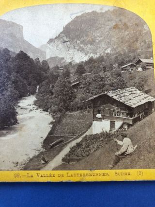 Stereoview Card Photo 1864 Alpine Club Valley Of Lauterbrunnen Man On Hill Swiss