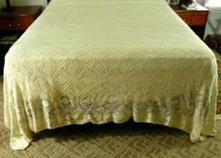 Vintage Hand Crochet Bedspread Coverlet With Ivory Cream Color,  Size 128 " X 97 "