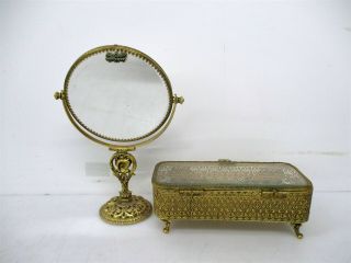 Vintage Stylebuilt 24k Gold - Plated Vanity Set: Make - Up Mirror & Trinket Box