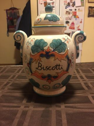 Large Ceramic Biscotti Cookie Jar With Lid Painted Fruit