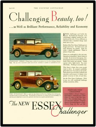 1930 Hudson Essex Metal Sign: Essex Challenger Standard & Sun Sedans Feature