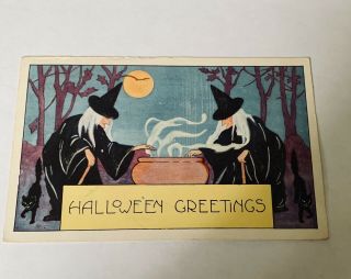 Vintage Whitney Halloween Postcard - Witches At Cauldron