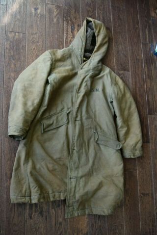 Vintage Wwii Us Navy Foul Weather Hooded Deck Coat Fur Lined