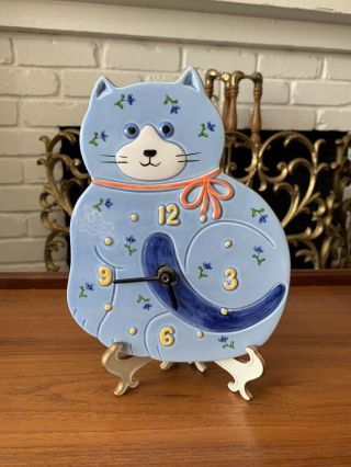 Rare Vintage Otagiri Ceramic Blue Calico Cat Orange Ribbon Wall Clock Japan