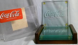 Set Of 4 Coca Cola Etched Glass Coasters With Wooden Holder