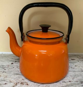Vintage Orange Enamel Ware Stovetop Tea Pot Made In Poland 16 Signed 
