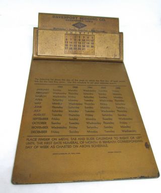 Vintage Perpetual Calendar Metal Clip Board Davenport Bedding Co.  Iowa
