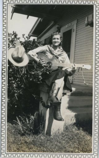 Vintage Photo.  Country Western Gal In Cowboy Outfit W/.  Guitar.