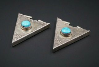 Stamped Vintage Western Navajo Style Turquoise Silver Collar Tips Set Pair M641