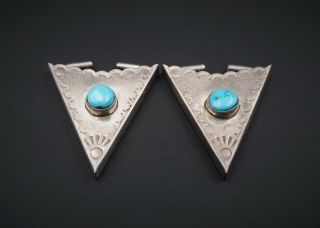 Stamped Vintage Western Navajo Style Turquoise Silver Collar Tips Set Pair M641 2