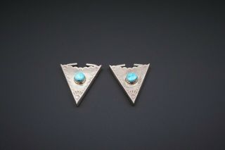 Stamped Vintage Western Navajo Style Turquoise Silver Collar Tips Set Pair M641 3