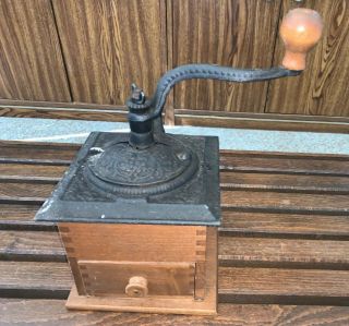 Vintage Antique Wood Cast Iron Hand Crank Coffee Grinder