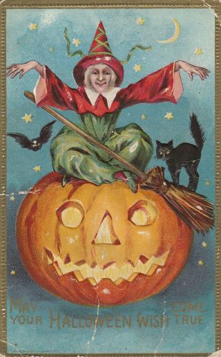 S21 1753 Vintage Conwell Halloween Postcard Witch On Jol Stars C.  1910