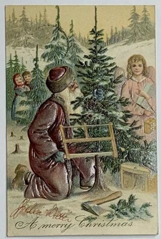Vtg Old Christmas Postcard Carte Postale Santa Claus Cutting Down Christmas Tree