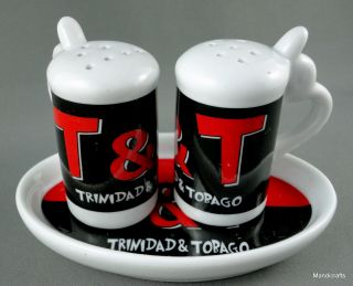 Trinidad & Tobago Salt & Pepper Set W Tray Tankards Porcelain Black Red