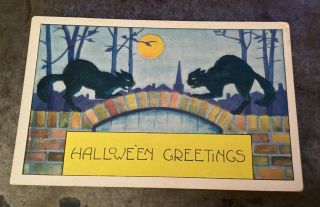 Vintage Whitney Halloween Greetings Postcard Black Cats Full Moon Spooky