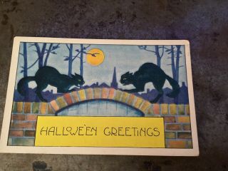 Vintage Whitney Halloween Greetings Postcard Black Cats Full Moon Spooky 2