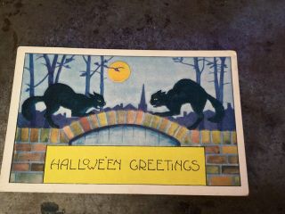 Vintage Whitney Halloween Greetings Postcard Black Cats Full Moon Spooky 3